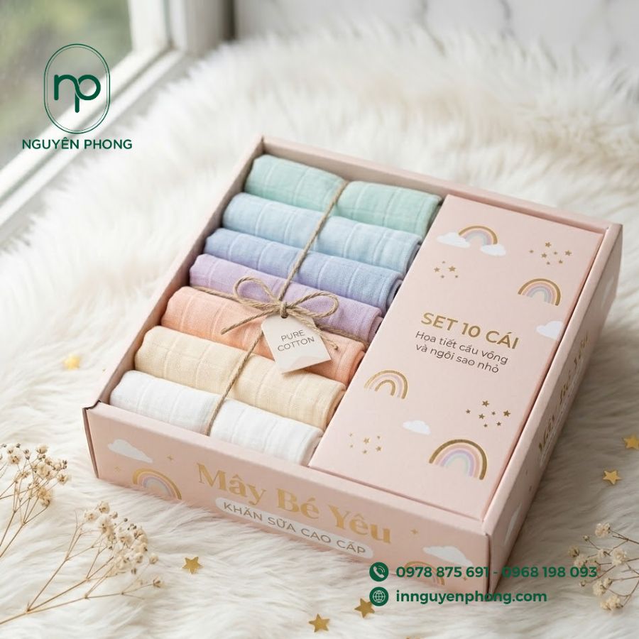 in hộp đựng khăn xô, khăn sữa cho em bé